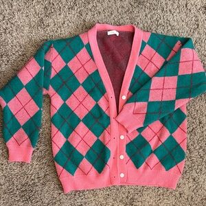 Amazon Hypnels XL Pink and Green Argyle Wool Women's Cardigan GU☪️☪️I style! 🩷💚